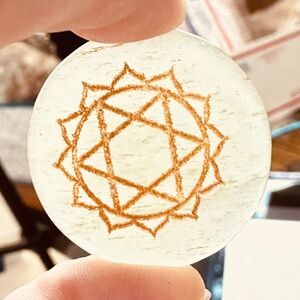 Green Aventurine Crystal w/7 Heart Chakra Engraved on Front Round Disk